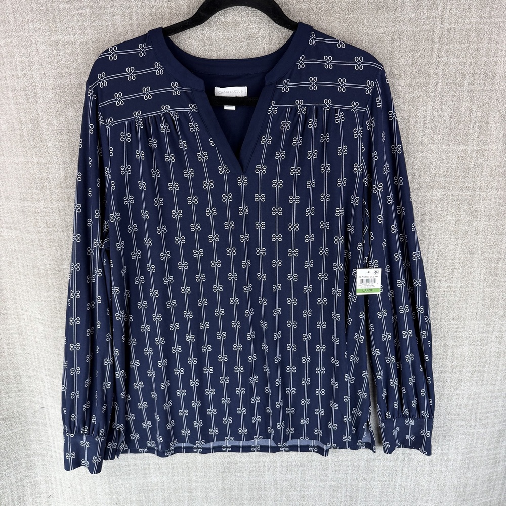 Charter Club Blouse Womens L Blue Striped V-Neck Long Sleeve Stretch Nautical